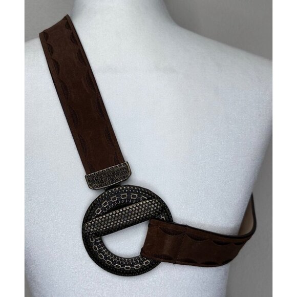 Brown Genuine Leather Hook And Loop Belt Women Medium Embroidered Stitching - Picture 2 of 10